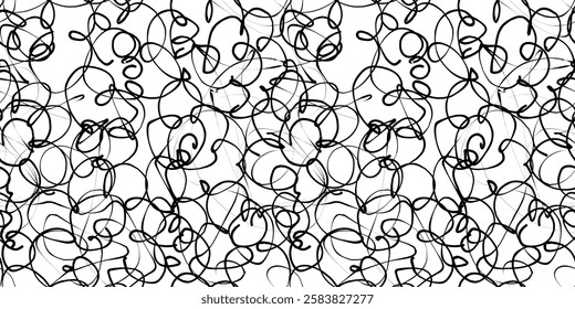 Abstract Black and White Scribble Pattern. Chaos Hand Drawn Graffiti. Street Art Seamless Pattern. Black Elements Old School Design for T-Shirt, Fabric, Wrapping Paper, or Wallpaper. Flower Pattern.