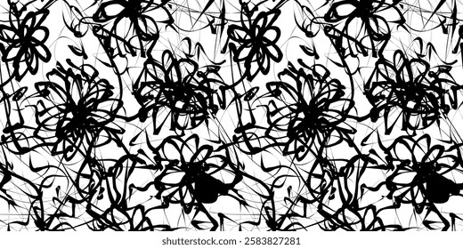 Abstract Black and White Scribble Pattern. Chaos Hand Drawn Graffiti. Street Art Seamless Pattern. Black Elements Old School Design for T-Shirt, Fabric, Wrapping Paper, or Wallpaper. Flower Pattern.