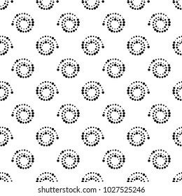 Abstract black and white seamless background with dotted spirals, repeating texture with halftone effect, vector illustration.