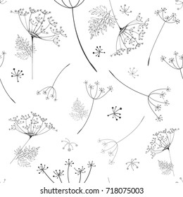 Abstract black and white seamless background with silhouettes of umbel plants.