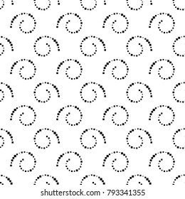 Abstract black and white seamless background with dotted spirals, repeating texture with halftone effect, vector illustration.