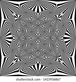 Abstract Black and White Seamless Geometric Pattern with Stripes. Contrasty Optical Psychedelic Illusion. Starlike Wicker Texture. Vector Illustration