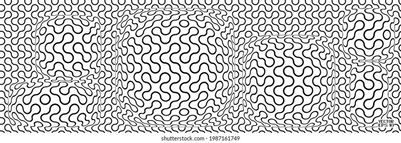 Abstraktes Schwarz-Weiß-Nahtloses geometrisches Muster mit Kreisen. gepolsterte Wand im Schachbrettstil. Wicker Struktur Textur. Vektorgrafik. 3D-Illustration