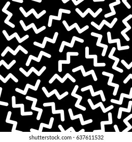 Abstract black and white seamless geometric patterns with zigzags in trendy style Memphis. Fashion of 80s, 90s. Vector illustration