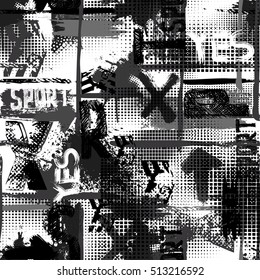 Abstract black and white seamless grunge pattern for boy. Urban style modern background with lightning, dots, geometric, words sport, letters and spray elements. Drive modern creative wallpaper