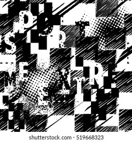 Abstract black and white seamless grunge pattern for boy. Urban style modern background with lightning, dots, geometric, words sport, letters and spray elements. Drive modern creative wallpaper
