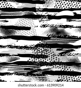 Abstract black and white seamless grunge pattern for boy and girl. Urban style modern background with strips, dots and spray elements. Drive modern creative wallpaper for guys.