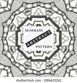 Abstract black and white seamless pattern. Monochrome geometric linear background with label of the postage-stamp shape. Isolated elements