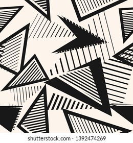 Abstract black and white seamless pattern. Sport style texture with chaotic shapes, triangles, arrows, lines, stripes. Monochrome urban art vector background. Simple repeat design for print, decor