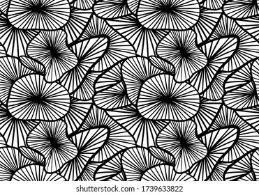 Abstract black and white seamless pattern. Mushroom-style linear objects. Hand drawn illustration 