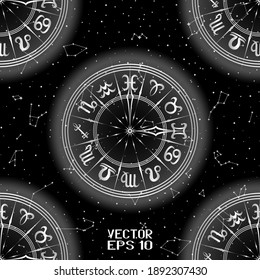 Abstract Black and White Seamless Pattern with Frame of Zodiac Signs. Horoscope Symbol. Hemisphere Sky Map. Bright Constellations on Starry Night Background. Vector Illustration