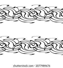 Abstraktes, nahtloses Schwarz-Weiß-Muster, Rand. BW handgezeichnete Kurven, rosafarbene geometrische Ornamente. für die Textilgestaltung