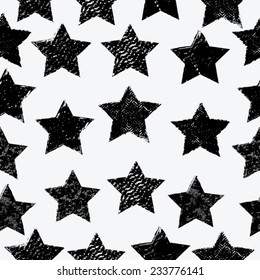 Abstract Black and White Seamless Pattern with Wavy Distressed Textured Stars. Vector Background. 