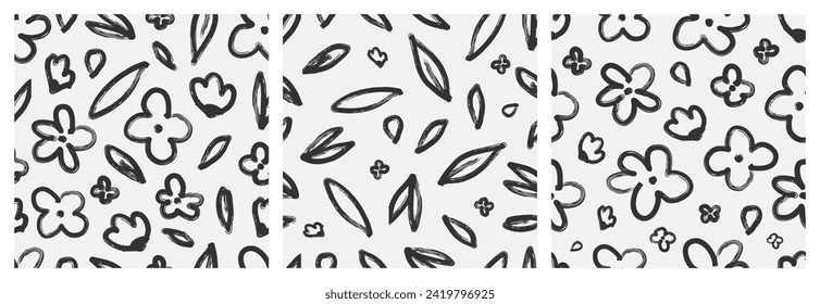 Abstraktes, nahtloses Schwarz-Weiß-Muster mit Blumen und Blättern. Set von handgezeichnet Blumenmuster Vektor.