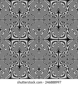 Abstract black and white seamless pattern. Chaos, moiré, reflection of light, fractal distortion of the chess cells.