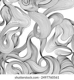 Abstract black and white seamless pattern with hand drawn waves. Liquid illustration. Hand drawn smoke.