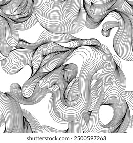 Abstract black and white seamless pattern with hand drawn waves. Liquid illustration. Hand drawn smoke.