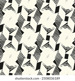 Abstract black and white seamless pattern. Urban art texture with chaotic shapes, triangles, lines, stripes. Monochrome graffiti style vector background. Simple repeat design for tileable print, decor