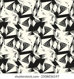 Abstract black and white seamless pattern. Urban art texture with chaotic shapes, triangles, lines, stripes. Monochrome graffiti style vector background. Simple repeat design for tileable print, decor