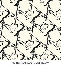 Abstrato preto e branco padrão sem costura. Textura de arte urbana com formas caóticas, triângulos, linhas, listras. Plano de fundo do vetor de estilo grafite monocromático. Design de repetição simples para impressão lado a lado, decoração
