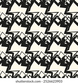 Abstract black and white seamless pattern. Urban art texture with chaotic shapes, triangles, lines, stripes. Monochrome graffiti style vector background. Simple repeat design for tileable print, decor
