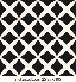 Abstrato preto e branco padrão sem costura. Ornamento floral geométrico monocromático de vetor simples. Elegante textura de fundo com silhuetas de flores arrojadas, folhas, treliça, linhas curvas, azulejos. Design geográfico