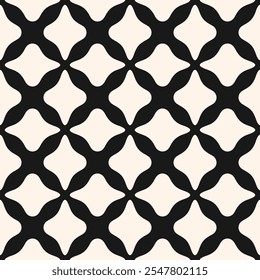 Abstract black and white seamless pattern. Simple vector monochrome geometric floral ornament. Elegant background texture with bold flower silhouettes, lattice, grid, curved lines, tiles. Geo design