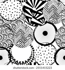 Abstract black and white seamless pattern with hand-drawn geometric circles. Ideal for modern designs, textiles, wallpapers, or creative backgrounds.