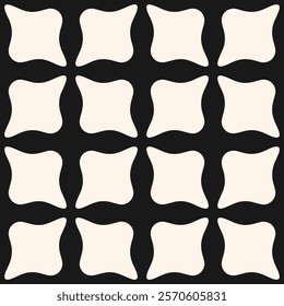 Abstract black and white seamless pattern. Simple vector monochrome geometric floral ornament. Repeatable background texture with bold flower silhouettes, leaves, lattice, curved lines, grid, mesh