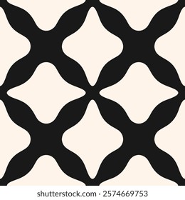 Abstract black and white seamless pattern. Simple vector geometric floral ornament. Elegant background texture with bold flower silhouettes, leaves, lattice, curved lines, mesh. Repated geo design