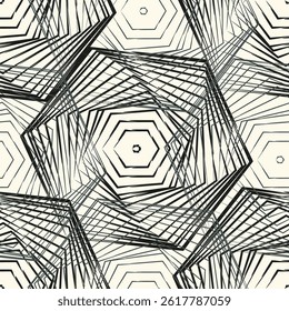 Abstraktes, nahtloses Muster in Schwarz und Weiß. Urbane Kunsttextur mit chaotischen Formen, Dreiecken, Linien, Streifen. Monochromer Graffiti-Vektorhintergrund. Einfaches Repeat-Design für kachelbaren Druck, Dekor