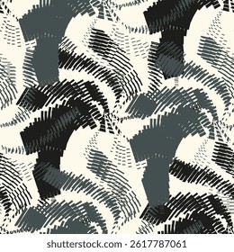 Abstract black and white seamless pattern. Urban art texture with chaotic shapes, triangles, lines, stripes. Monochrome graffiti style vector background. Simple repeat design for tileable print, decor