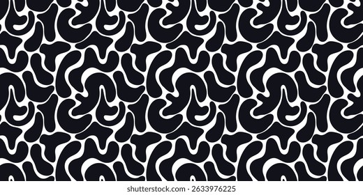 Abstraktes, nahtloses Schwarz-Weiß-Muster mit freihändigen organischen Flüssigkeitsformen. Kontrast trendy Vektordruck mit squiggle Flüssigkeit Klecksen und Flecken für Textilien, Umschlagpapier, Abdeckung, Oberfläche, Tapete