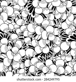 Abstract black and white seamless pattern with flowers and leaves