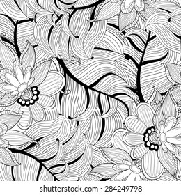 Abstract black and white seamless pattern with flowers and leaves