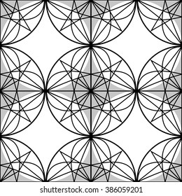 Abstract black and white seamless pattern with sacred geometric elements in vector on white isolated background. Monochrome wallpaper with line geometry ornament. Elegant design for any surface