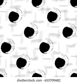 Abstract black and white seamless pattern with round brush strokes