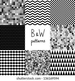 Abstract black and white seamless patterns set, vector