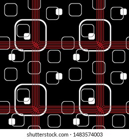 Abstract Black and White Seamless Striped Pattern with Squares. Red Lines Isolated on Black Background. Vector Illustration