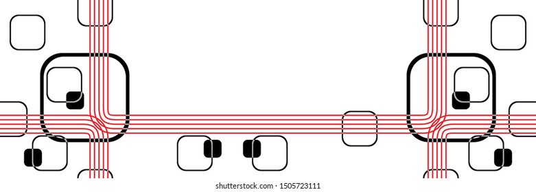 Abstract Black and White Seamless Striped Pattern with Squares. Red Outlines of Industry Background. Vector. 3D Illustration