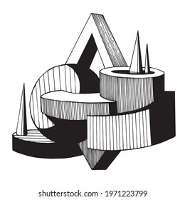 Abstract black and white shape line composition triangles and circles, cone, pyramid, cylinder.