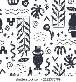 Abstract black and white shapes seamless pattern. Background illustration of flat matisse style wallpaper. Backdrop design for fashion fabric or modern trend print with contemporary doodle elements