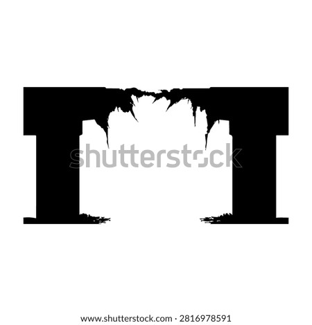Abstract black and white silhouette of a bridge with a waterfall effect, emphasizing symmetry and artistic design in architecture.