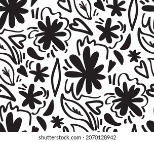 Abstract black and white silhouette flower pattern seamless. Stylish vector design for fabric, wallpaper, wrapping, background.