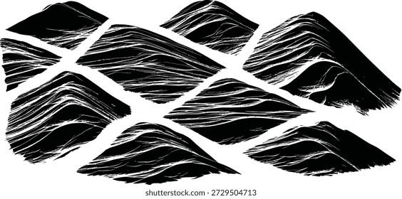 An abstract black and white silhouette of a mountain range with multiple peaks and ridges