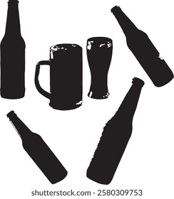 Abstract Black and White Silhouettes of Beer Bottles and Glasses Stylish black and white silhouettes of beer bottles and glasses, ideal for bar, restaurant, or pub design projects.