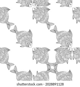 Abstract black and white small fish on a light background. Marine animals in the form of a chain. Seamless pattern.