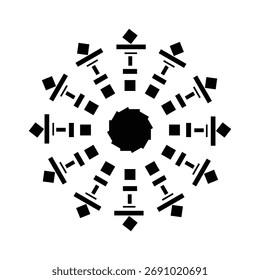 Projeto de floco de neve preto e branco abstrato com padrões geométricos e simetria radial simétrica.