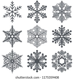 Resumen de formas de copo de nieve en blanco y negro conjunto aislado sobre fondo blanco. Colección decorativa de copos lentos. Ilustración vectorial.