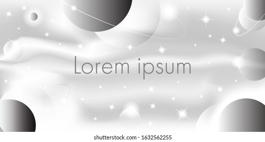 Abstract black and white space, star and planets with rings background. Horizontal template for presentation, poster, brochure, flyer, backdrop design. Modern monochrome design.